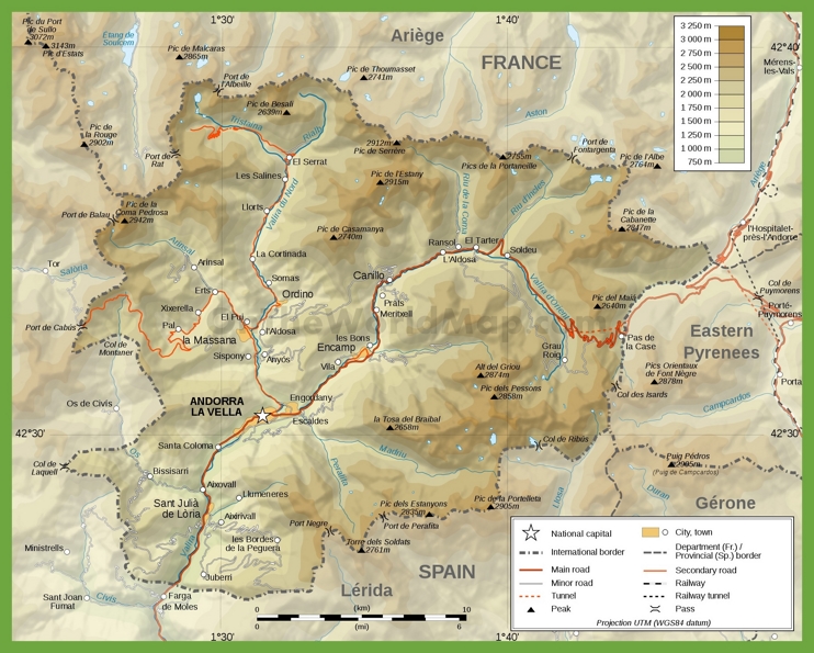 Detailed physical map of Andorra