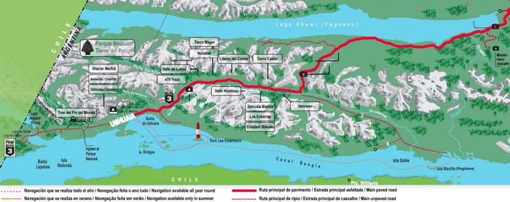 Tourist map of surroundings of Ushuaia