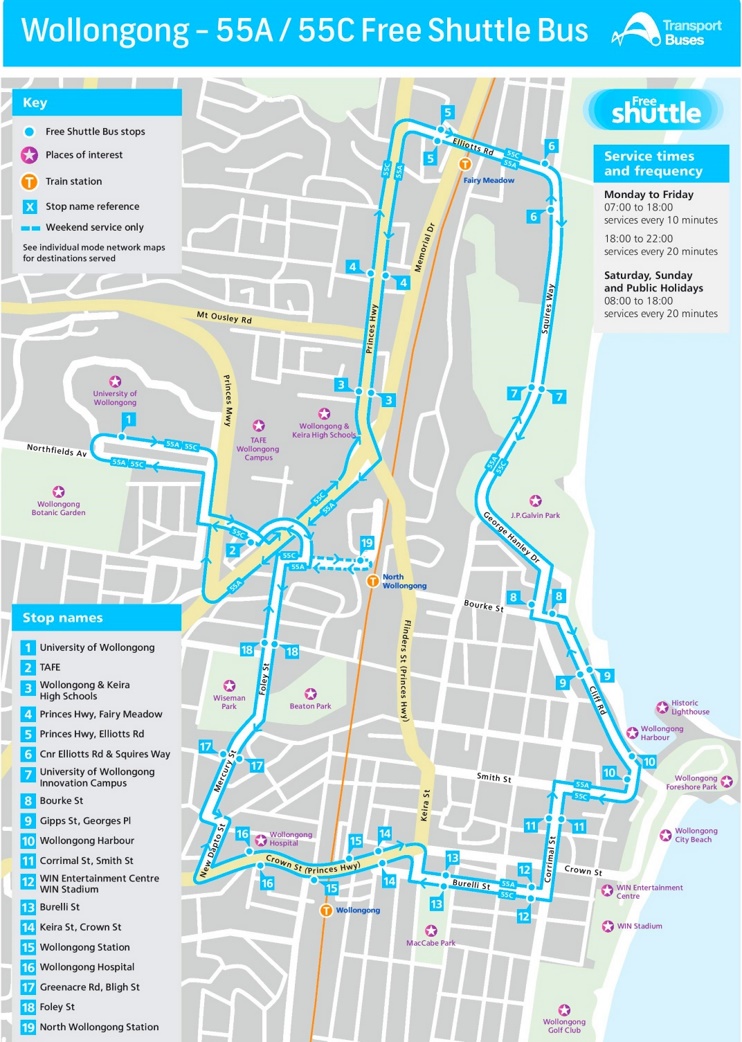 Wollongong free shuttle bus map