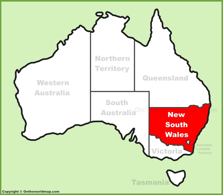 New South Wales (NSW) location on the Australia Map