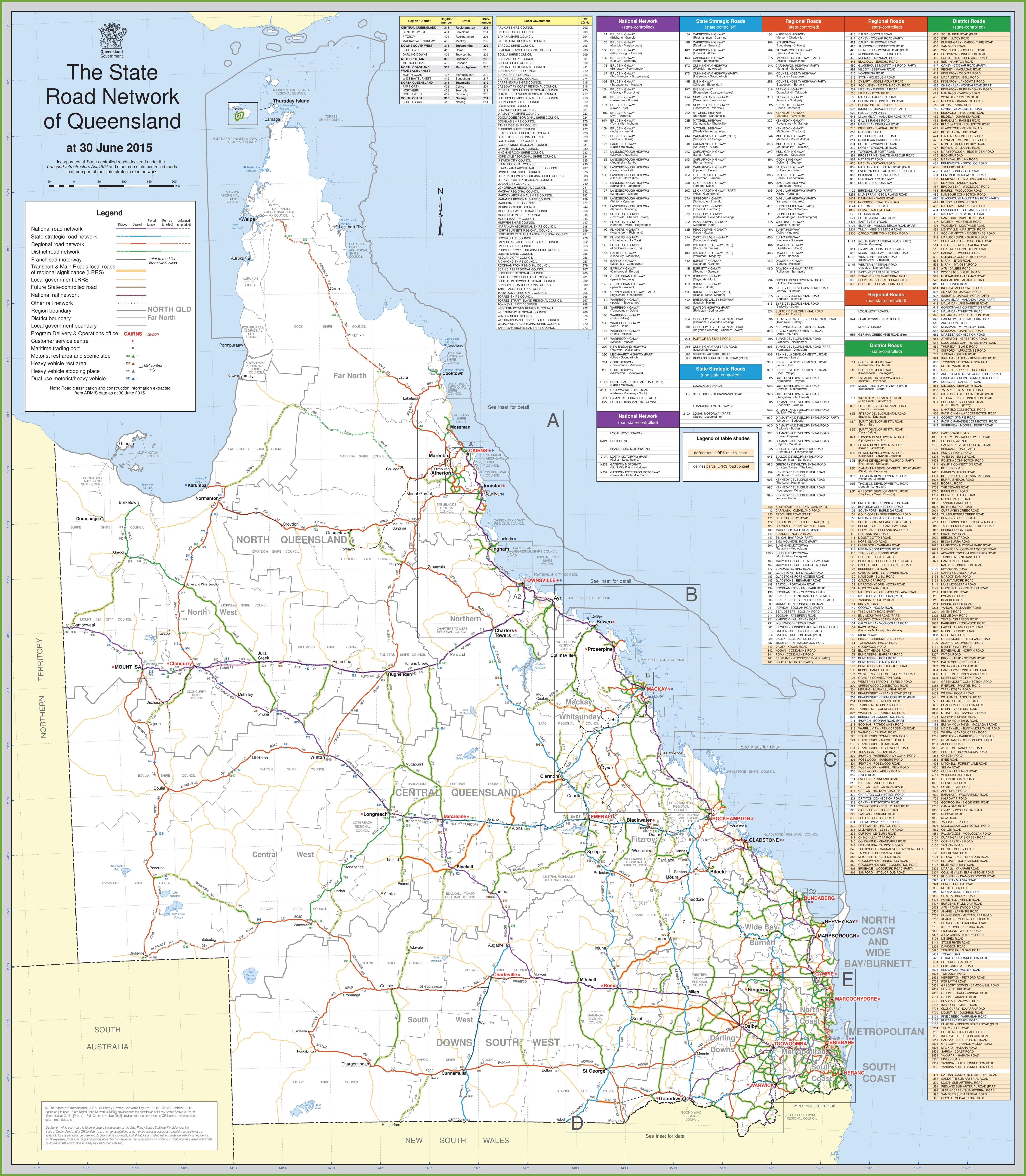 Large detailed road map of Queensland