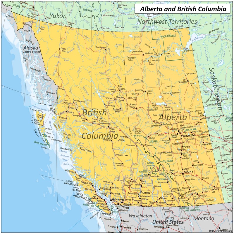 Map of Alberta and British Columbia Map of Alberta and British Columbia