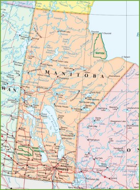 Large detailed map of Manitoba with cities and towns