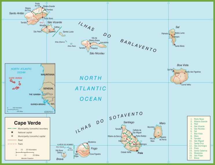 Large detailed cape Verde Road map