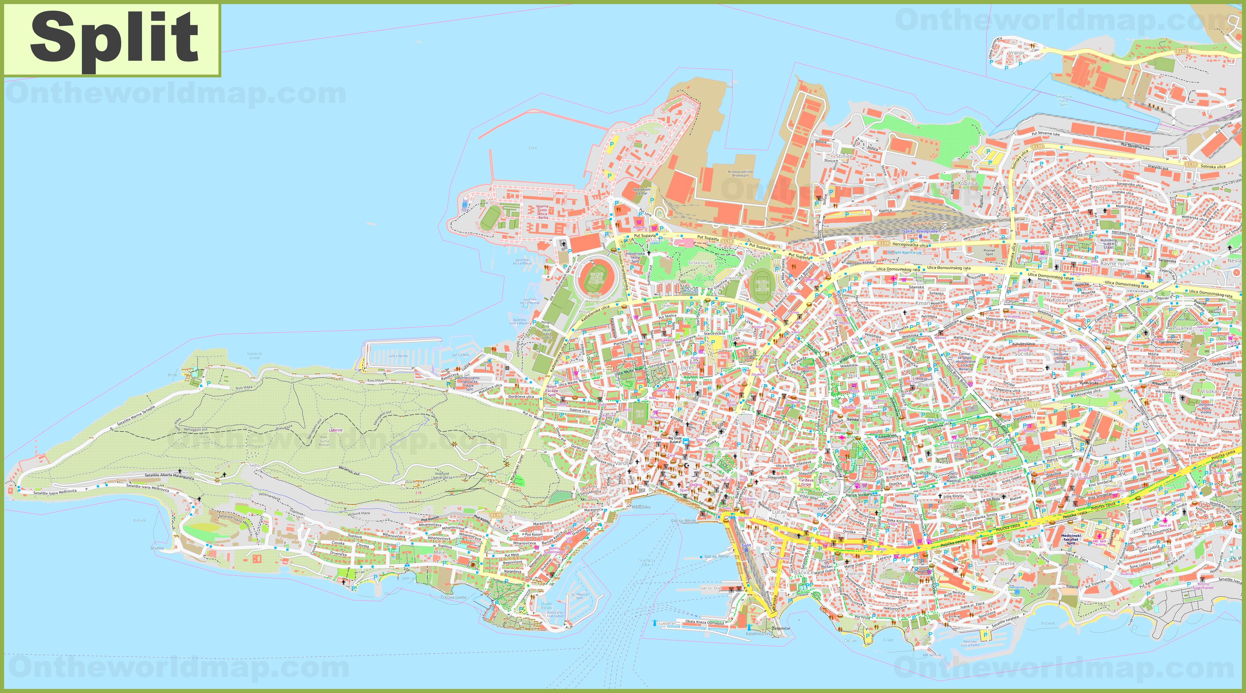 Large detailed map of Split