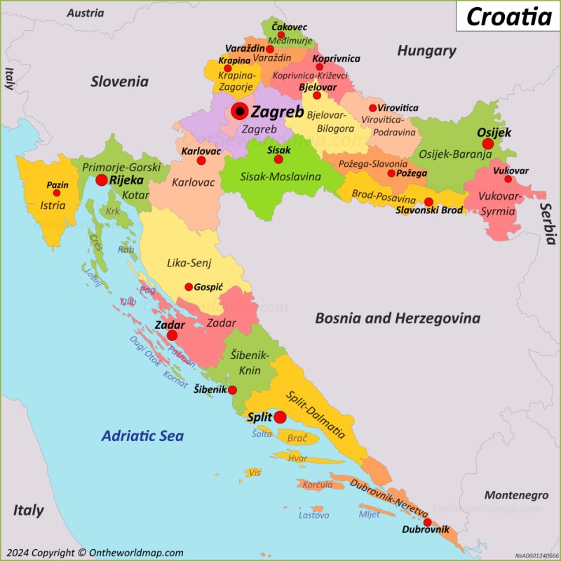 Croatia Political Map - Croatia Counties and County Seats Map