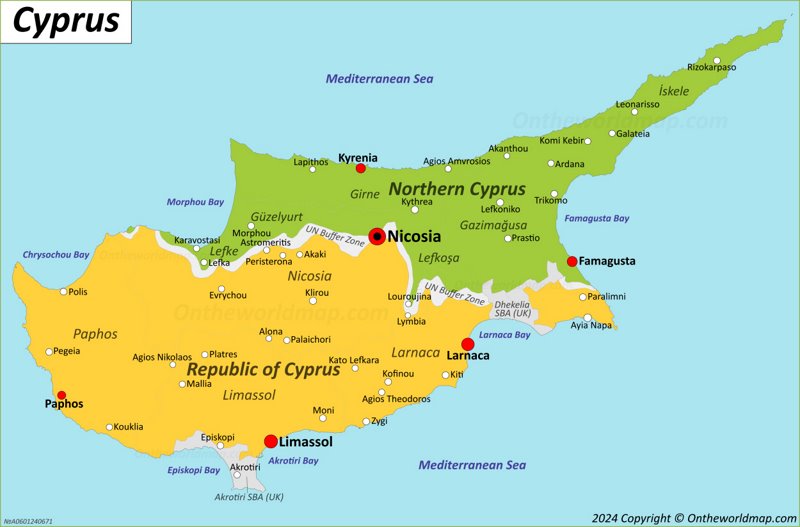 Map of Northern Cyprus and Republic of Cyprus