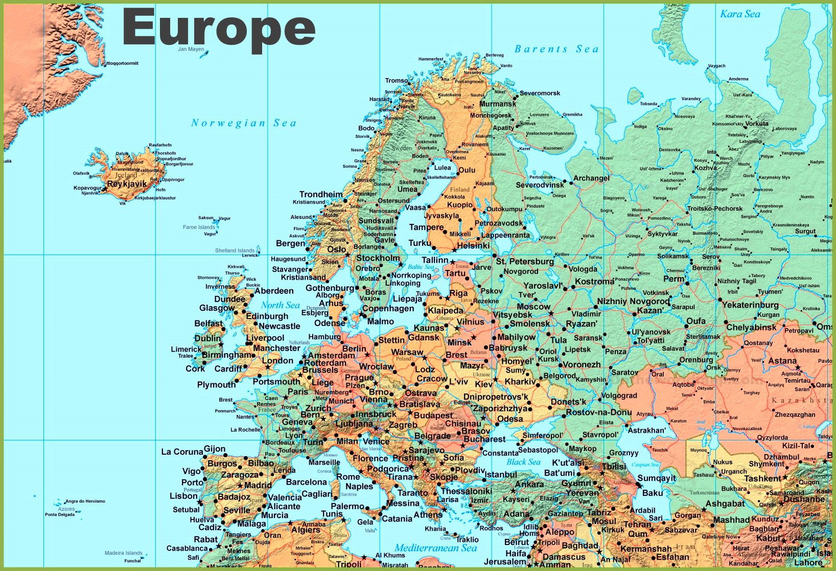 Large Map Of Europe With Cities