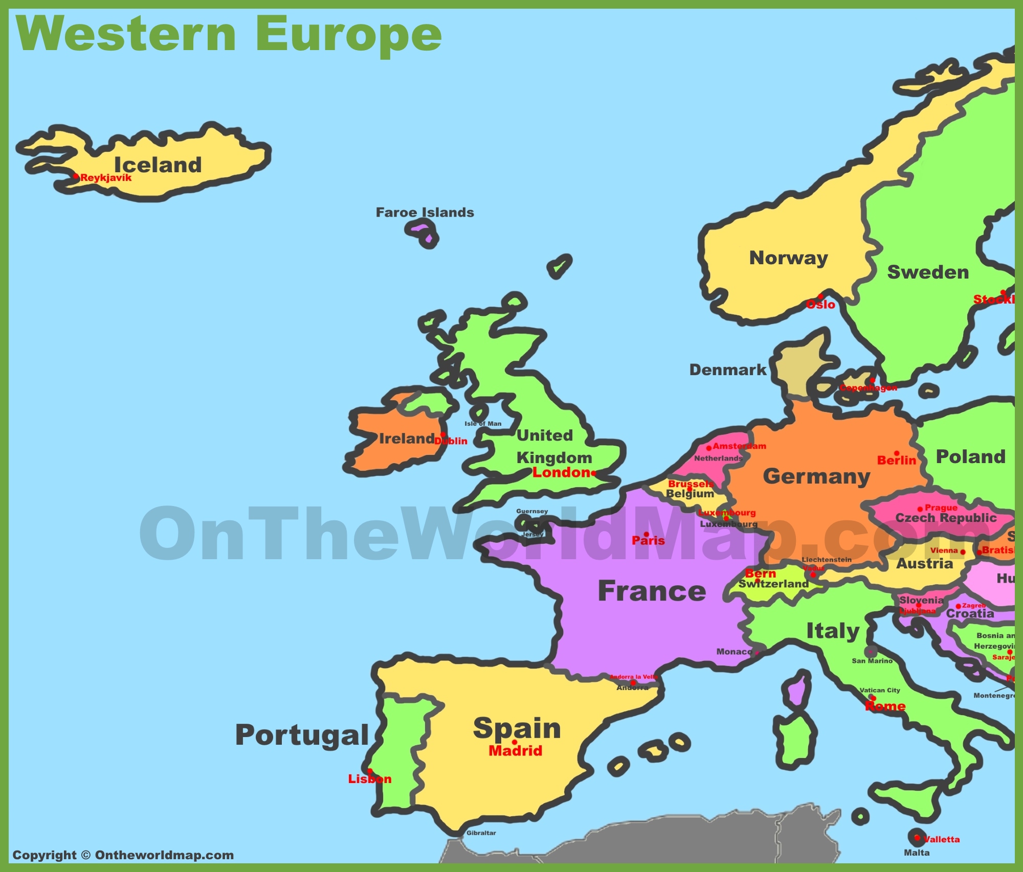 Labeled Western Europe Countries Map