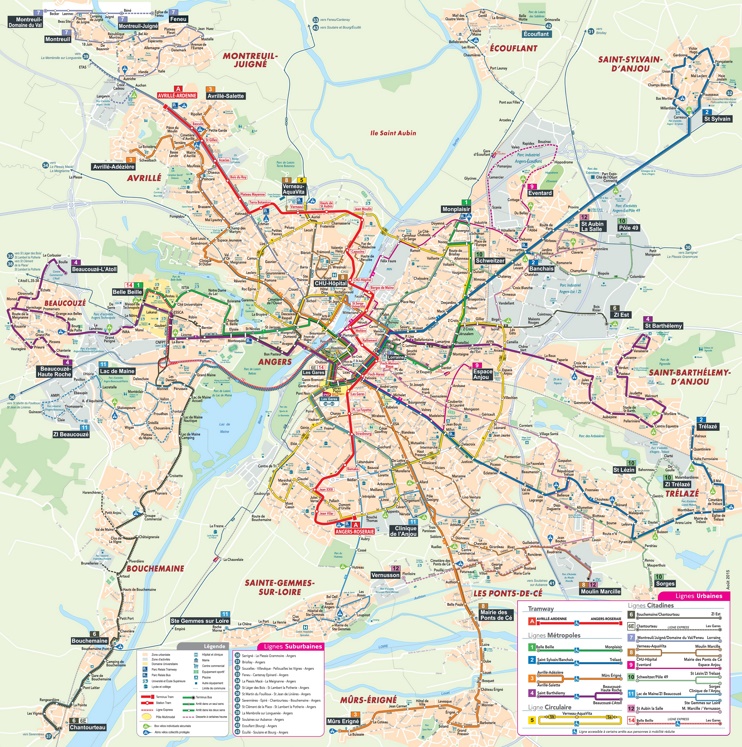 Angers tram and bus map
