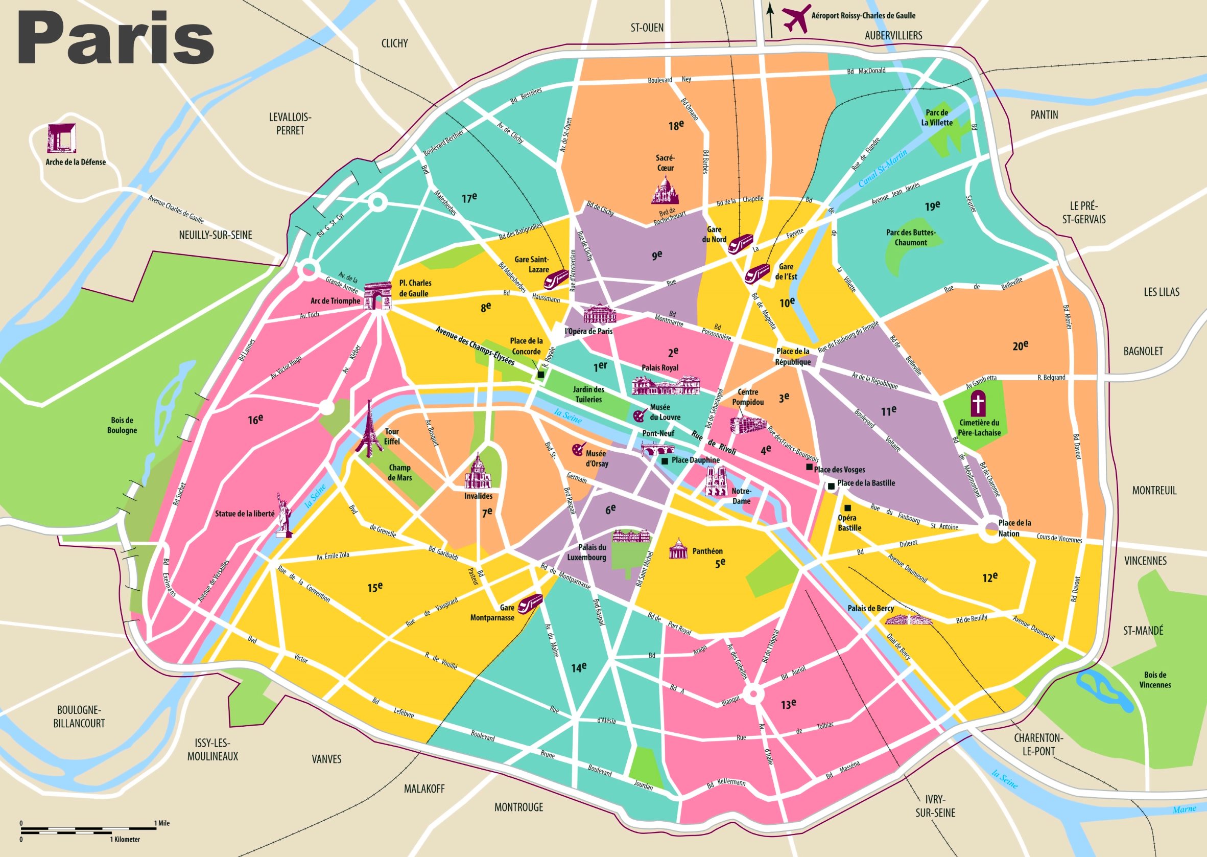 Paris travel map with tourist attractions and arrondissements