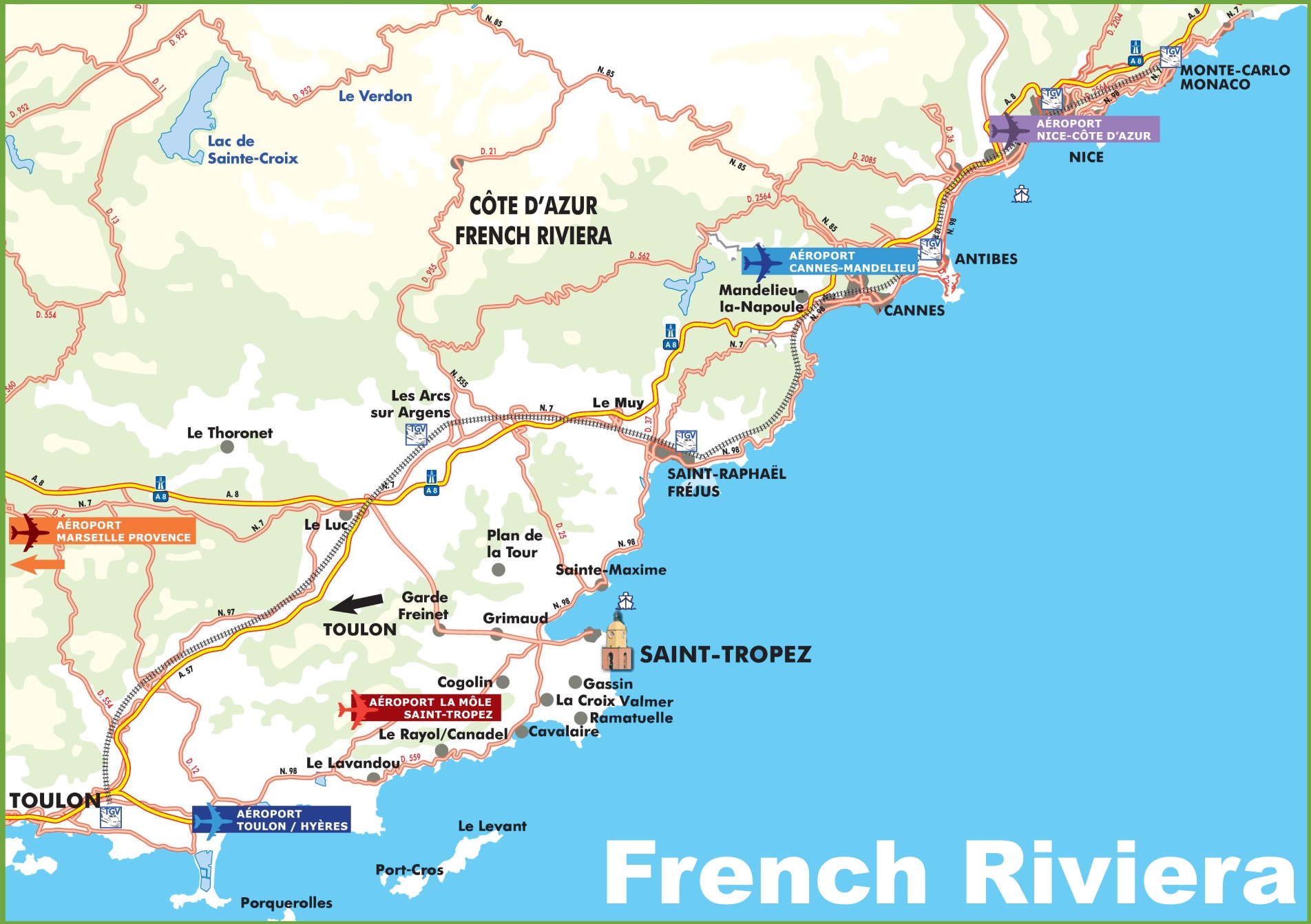 Map of French Riviera with cities and towns