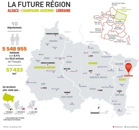 Map of Grand Est with cities and old regions