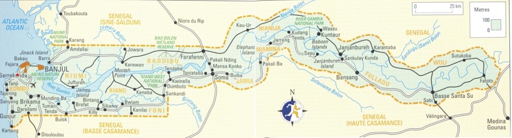Large detailed map of Gambia with cities