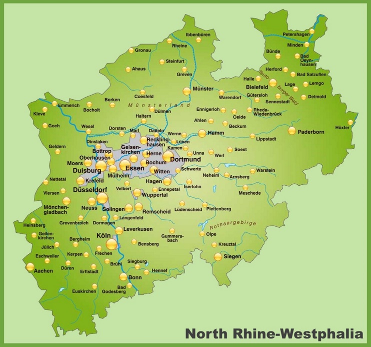 Map of North Rhine-Westphalia with cities and towns