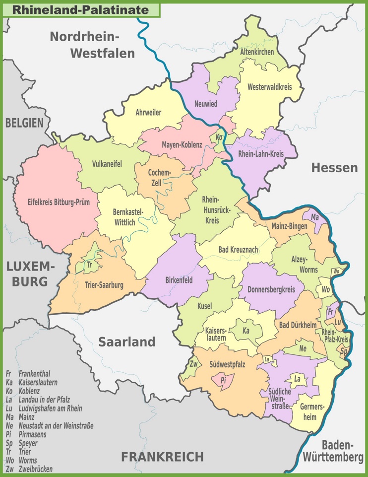 Administrative divisions map of Rhineland-Palatinate