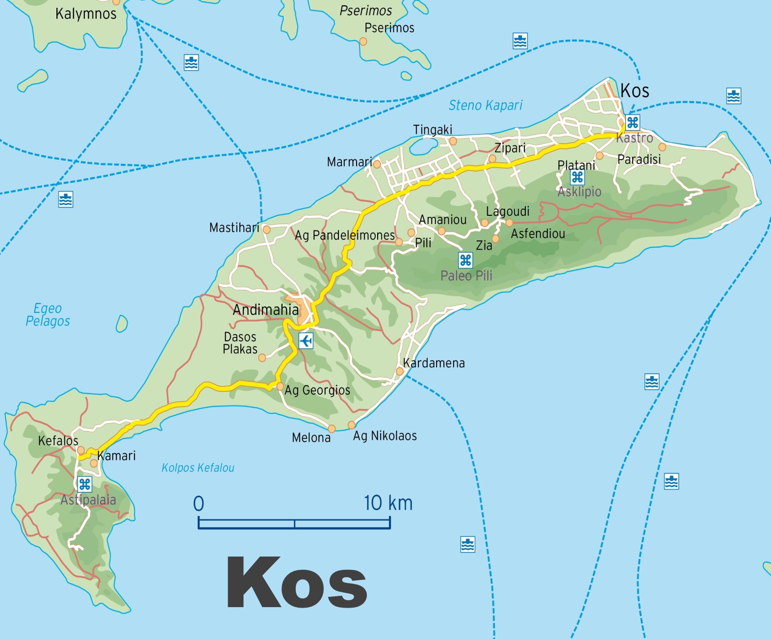 Map of Kos with cities and towns