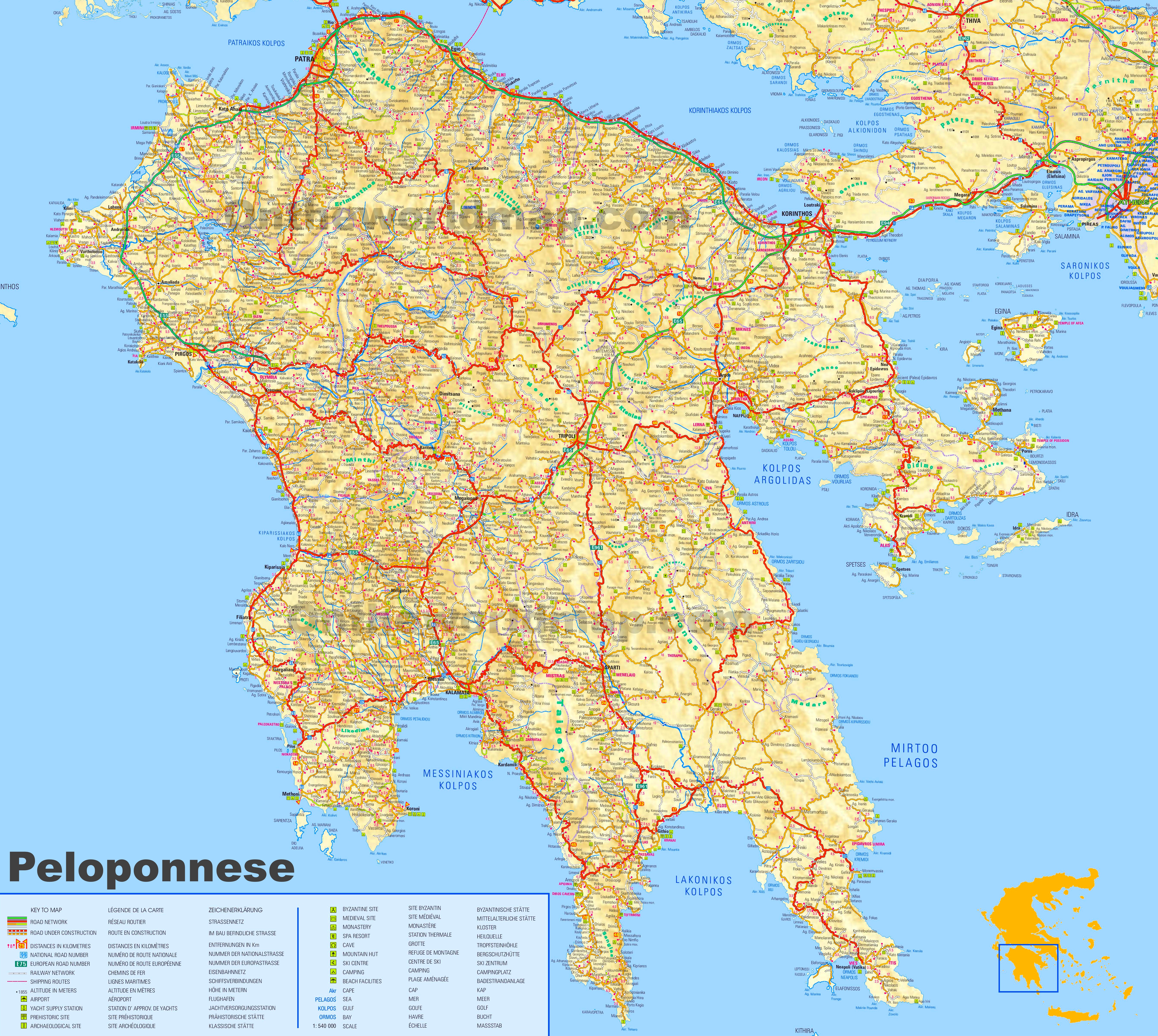 Large detailed map of Peloponnese