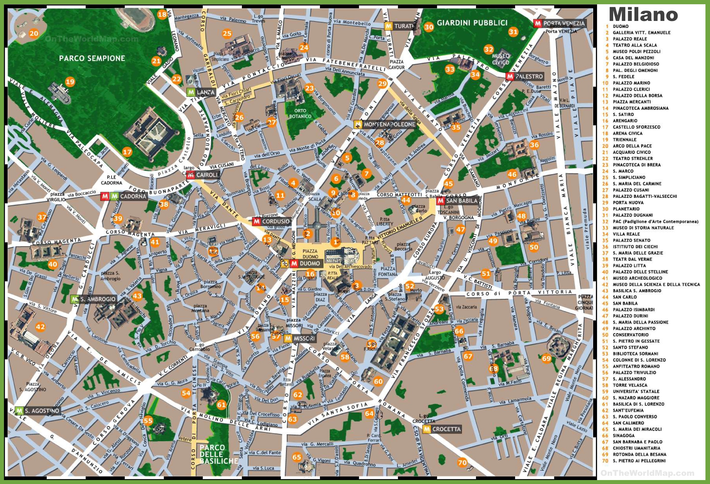 Mailand Stadtplan mit Sehenswürdigkeiten - bereit gestellt von http://ontheworldmap.com