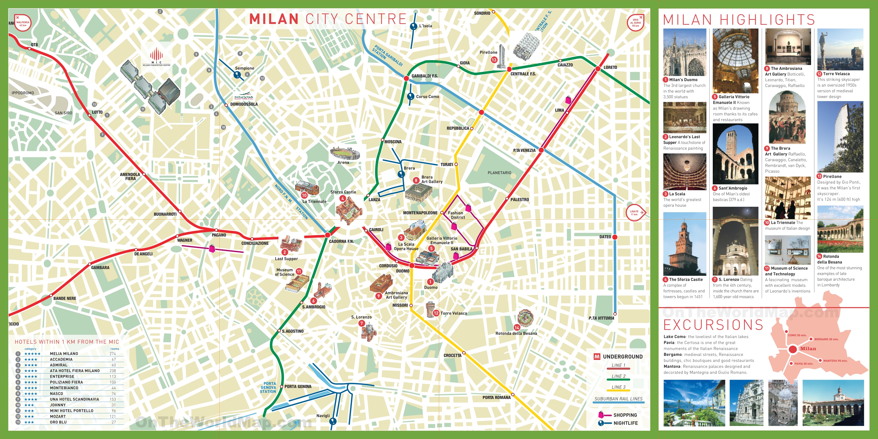 Mailand Stadtplan mit Sehenswürdigkeiten und Routen durch die Stadt, bereitgestellt von http://ontheworldmap.com
