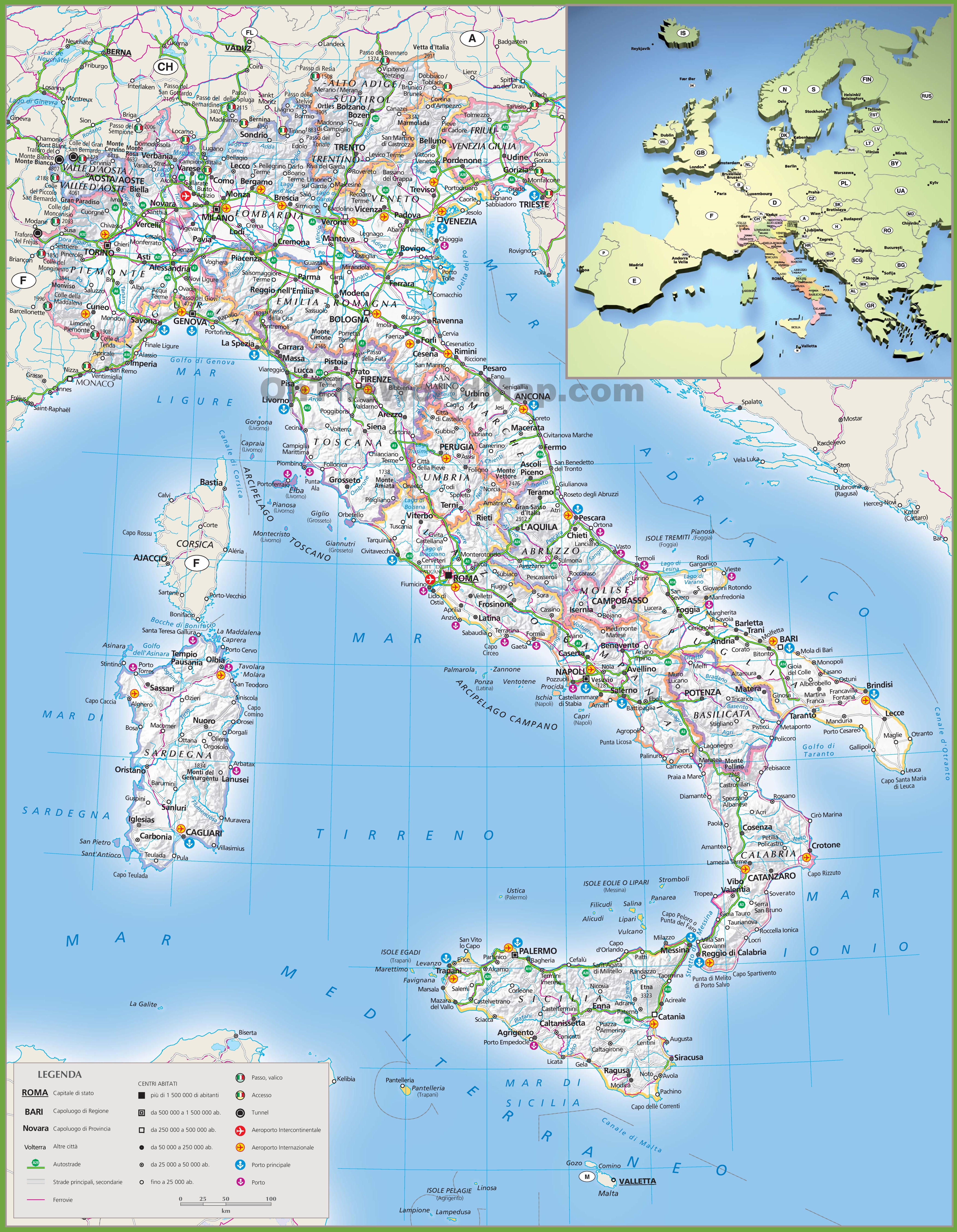 Large detailed map of Italy
