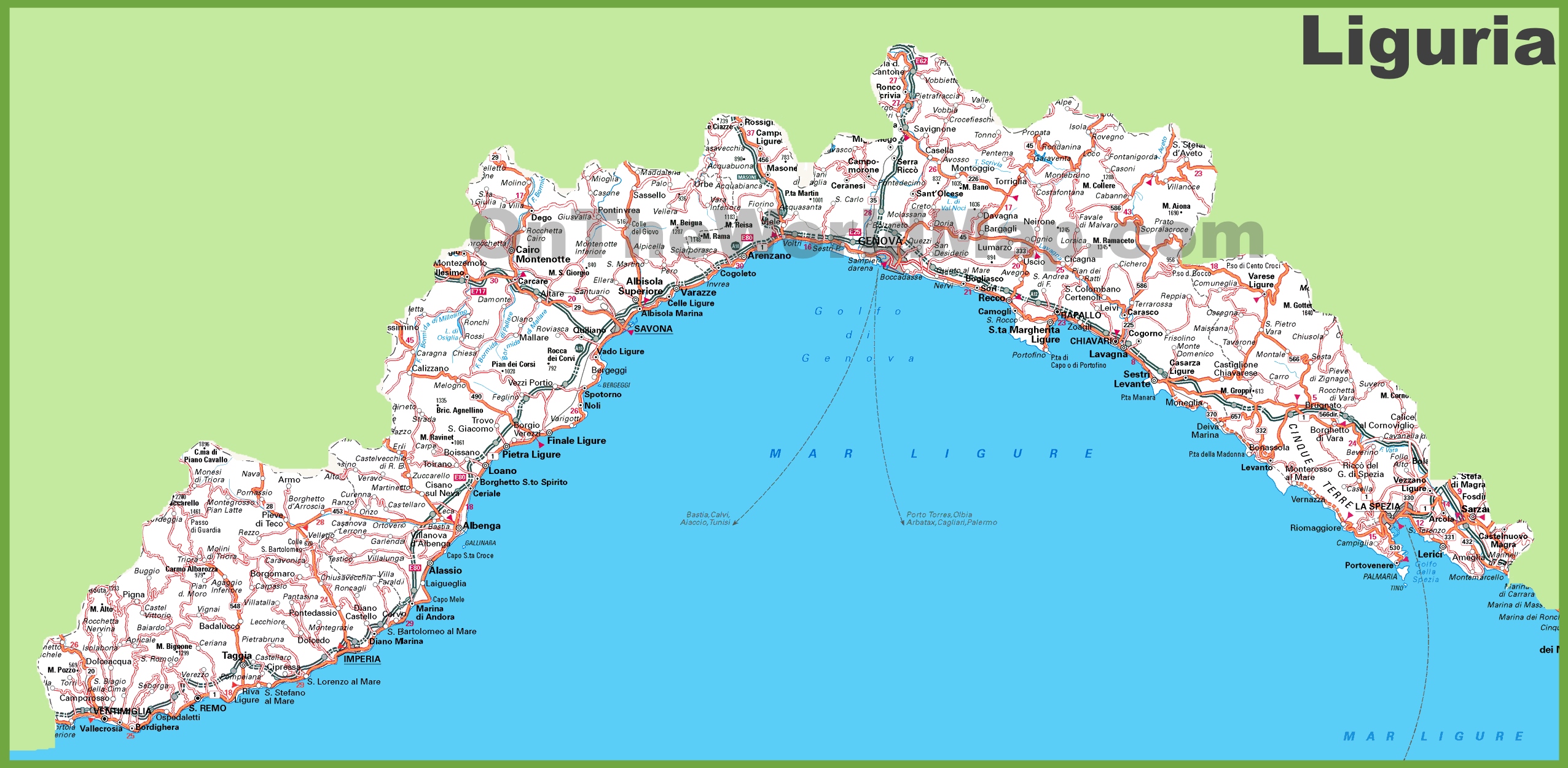 Large detailed map of Liguria with cities and towns