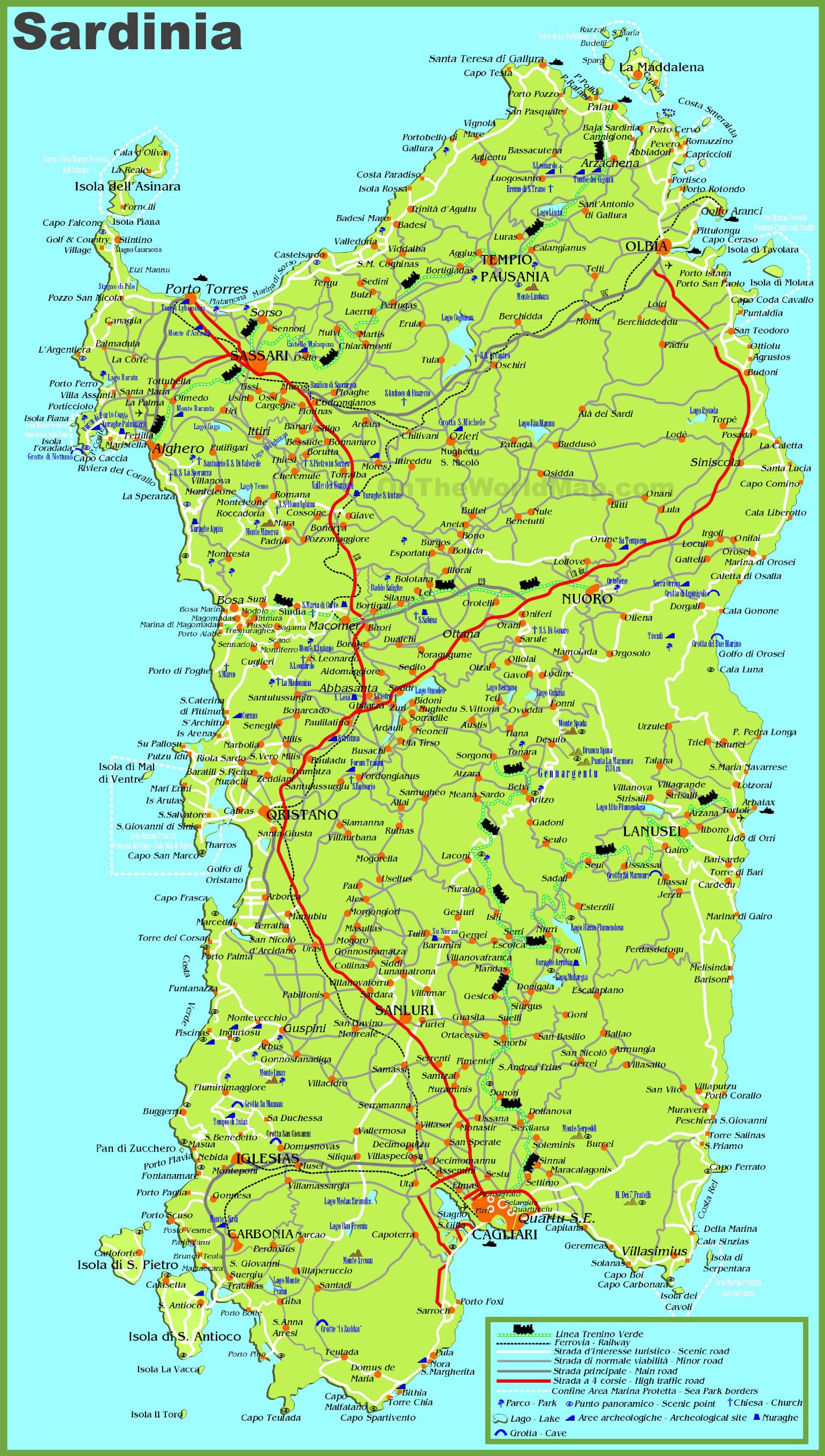 Large Detailed Map Of Sardinia With Cities Towns And Roads 5816