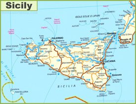 Road map of Sicily with cities and towns
