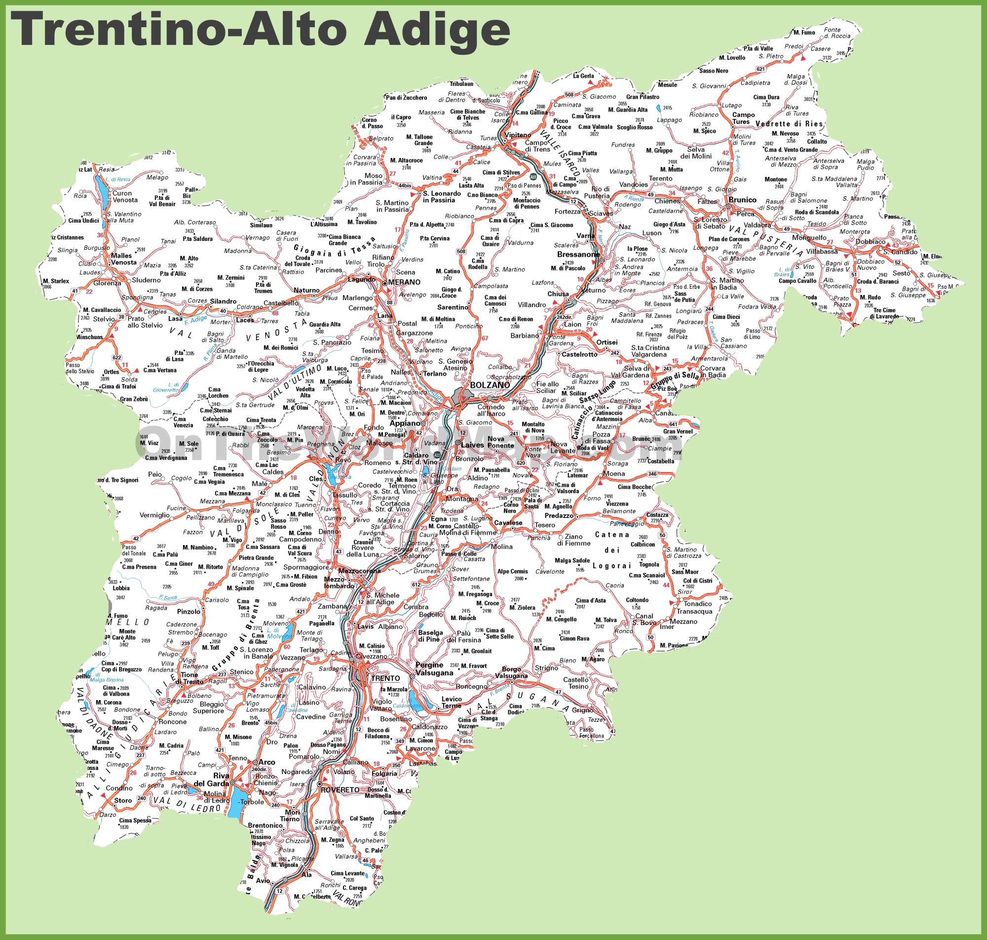 Large detailed map of Trentino-Alto Adige with cities and towns