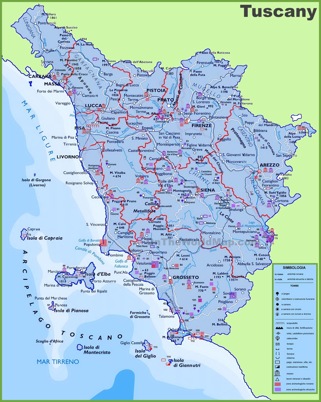 Large detailed travel map of Tuscany with cities and towns