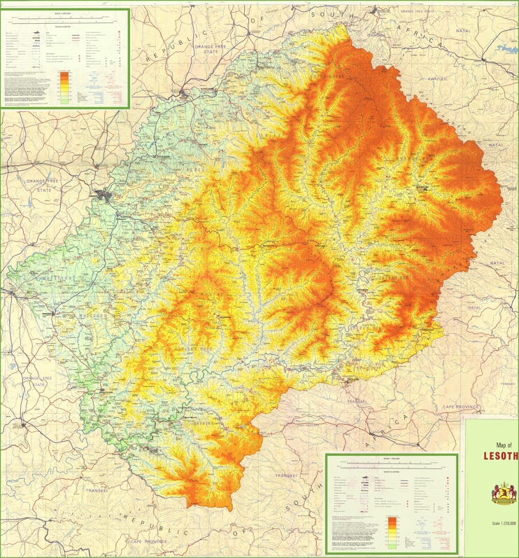 Large detailed physical map of Lesotho