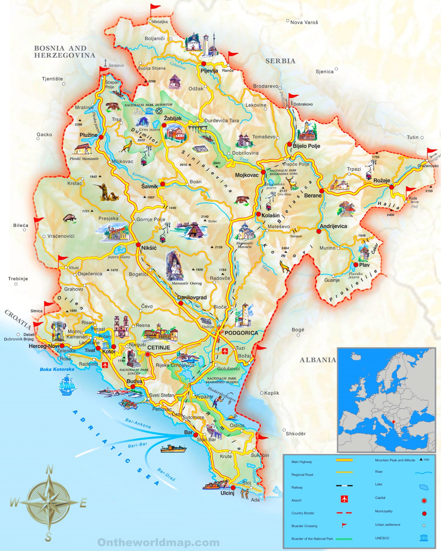 Montenegro Sightseeing Map Ontheworldmap