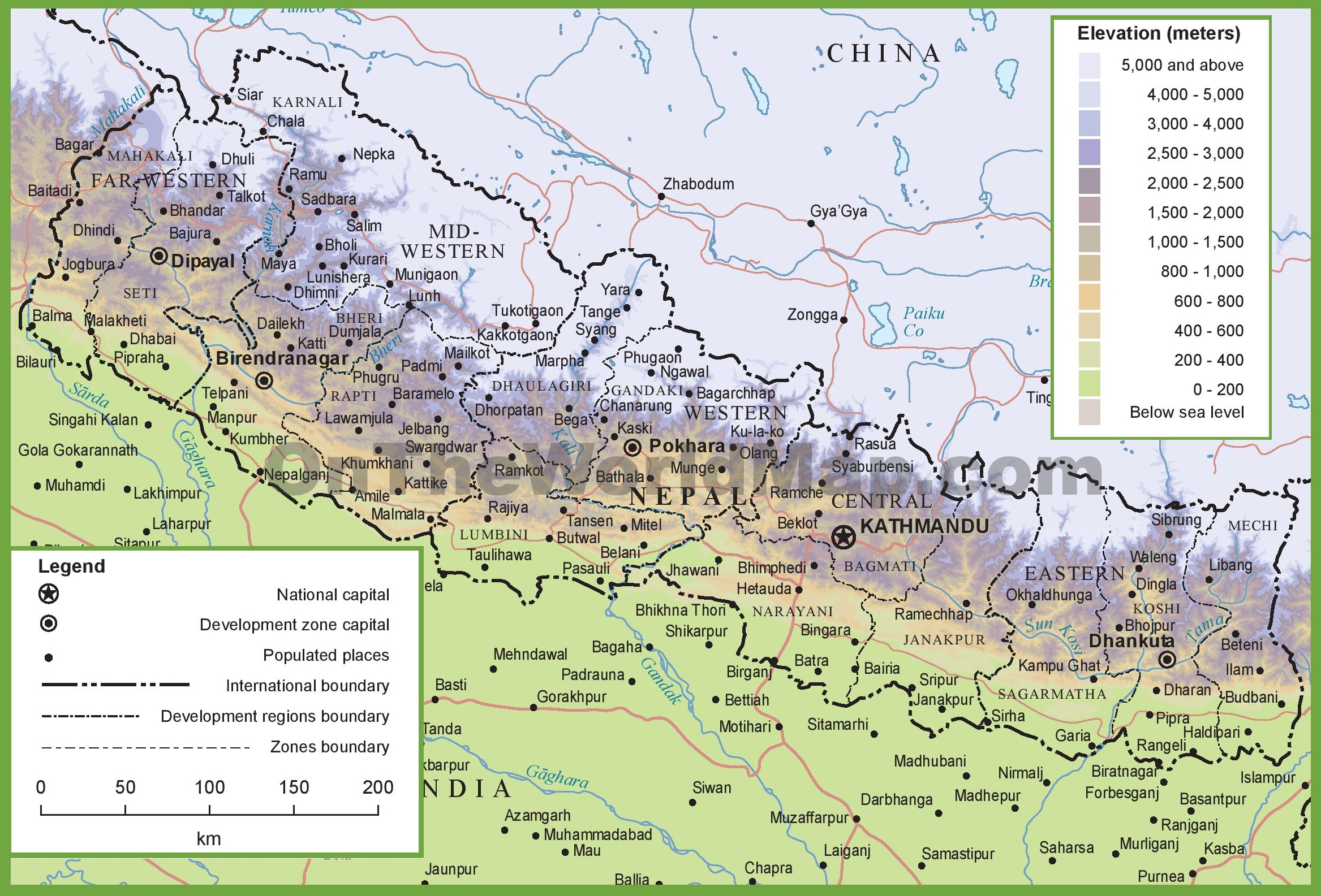 Large Physical Map Of Nepal With Roads Cities And Air