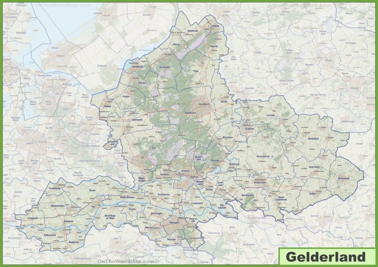 Map of Gelderland with cities and towns