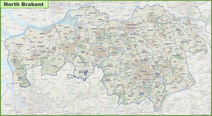 Map of North Brabant with cities and towns