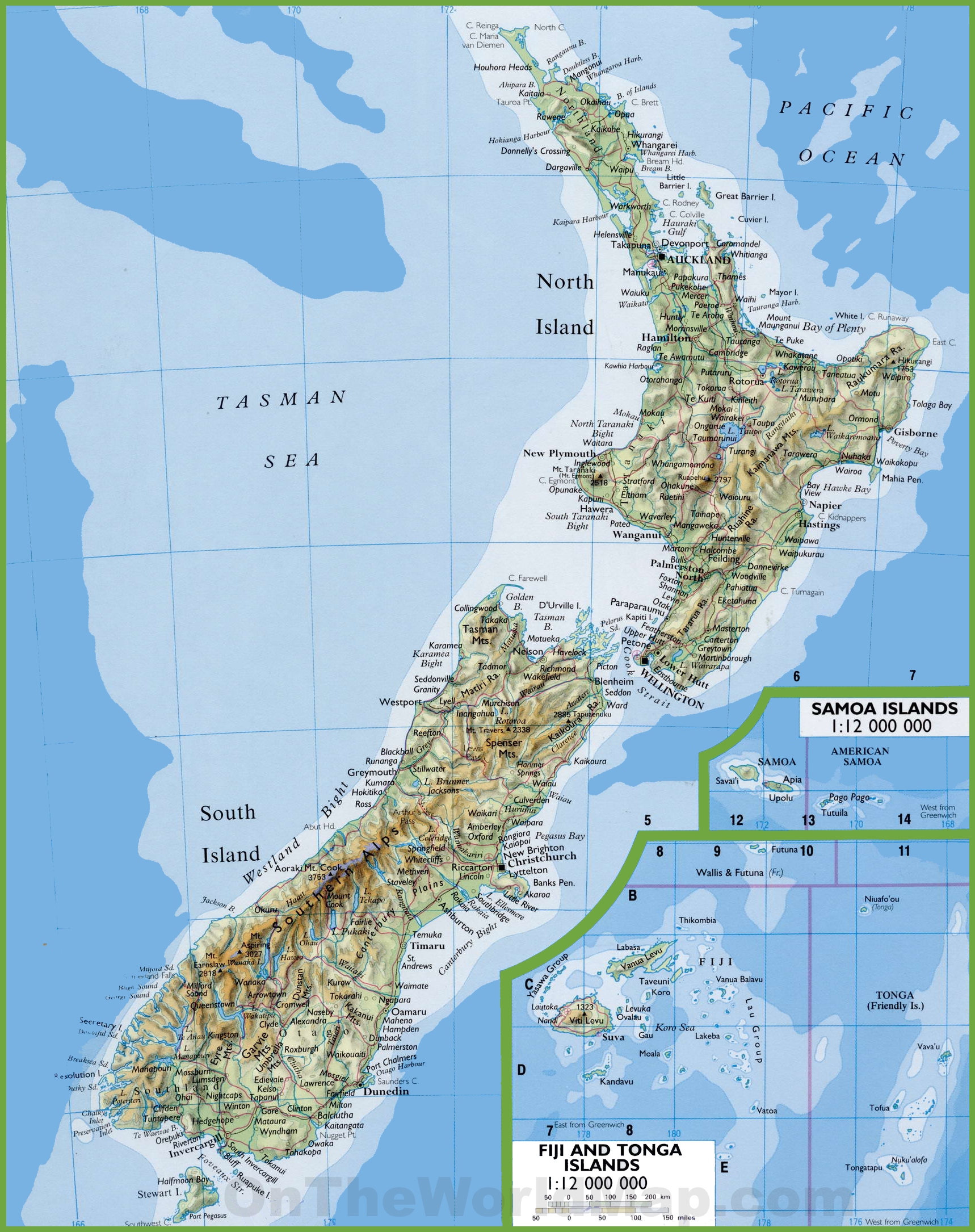 Map of New Zealand with cities and towns