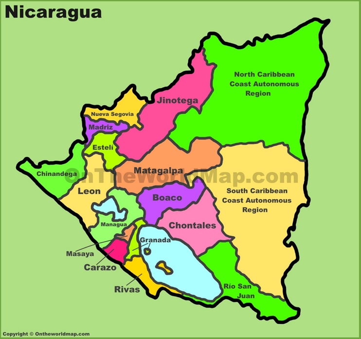 Administrative divisions map of Nicaragua