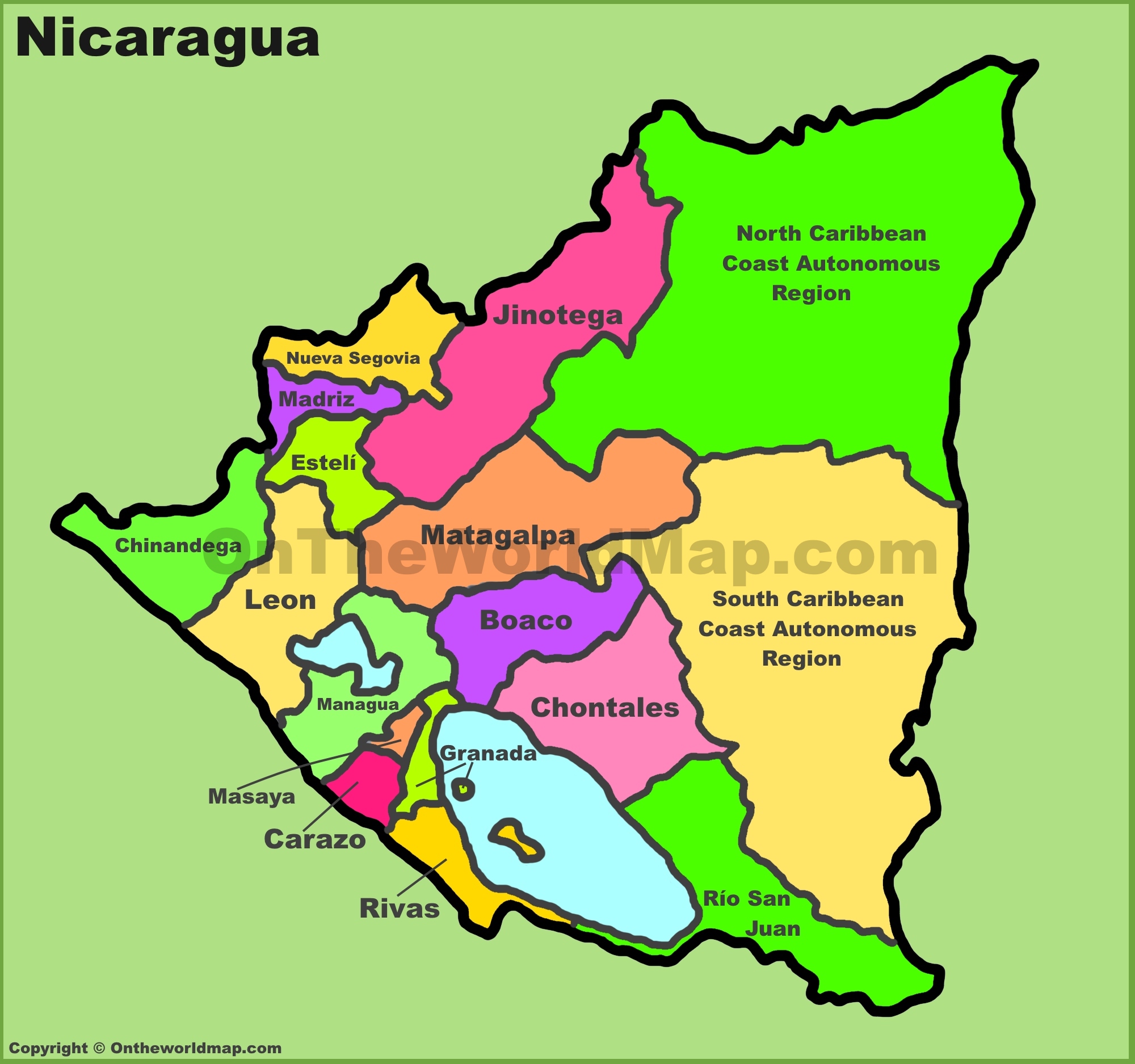 Mapa Administrativo De Nicaragua Departamentos De Nicaragua