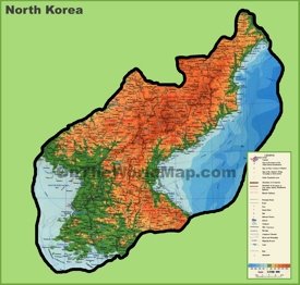 Large detailed physical map of North Korea