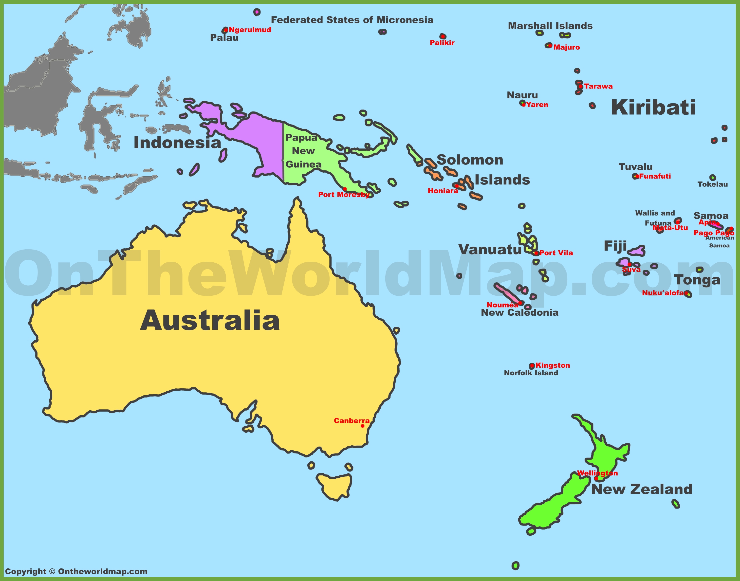 Map of Oceania with countries and capitals