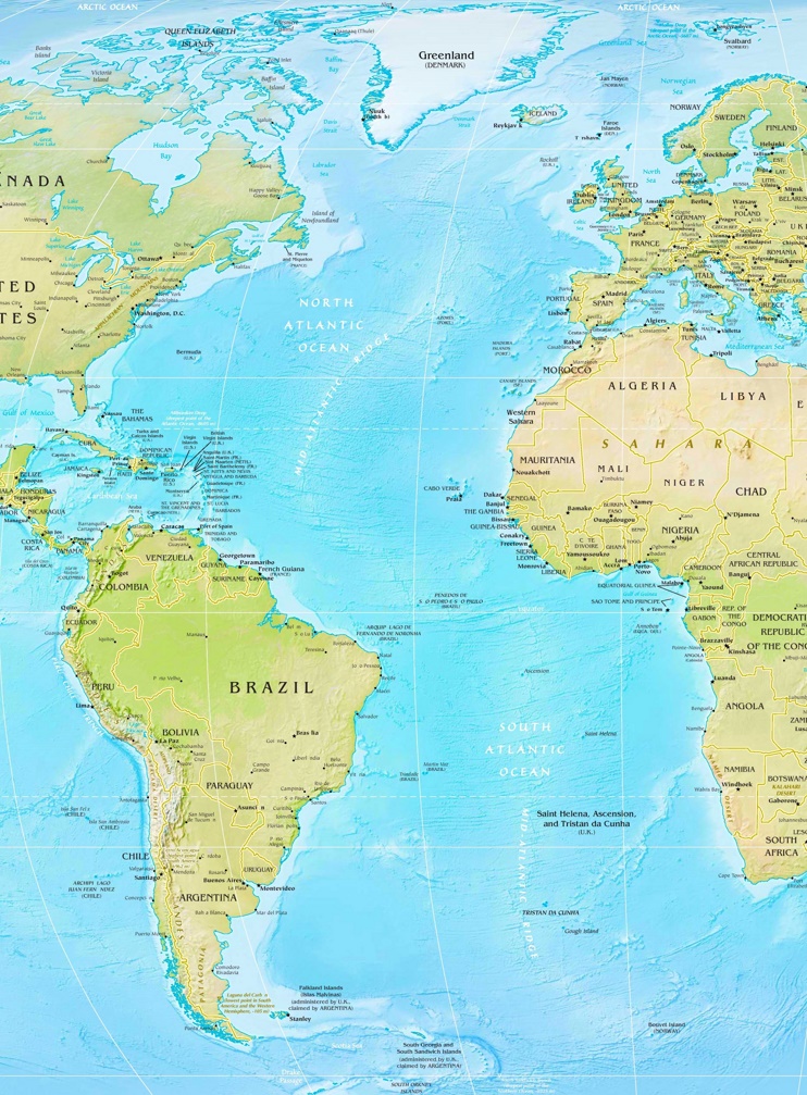 Vector Map Of The Atlantic Ocean Political With Shaded Relief One World Map