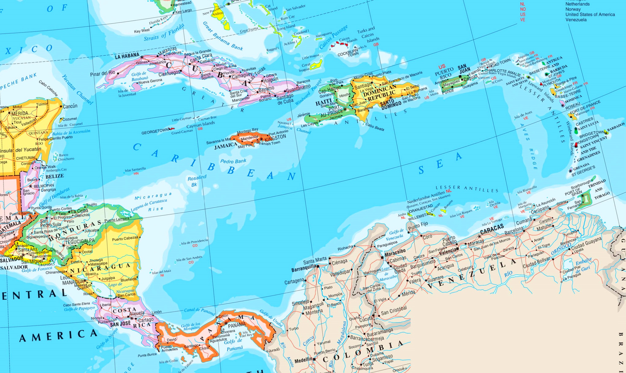 Large detailed map of Caribbean Sea with cities and islands