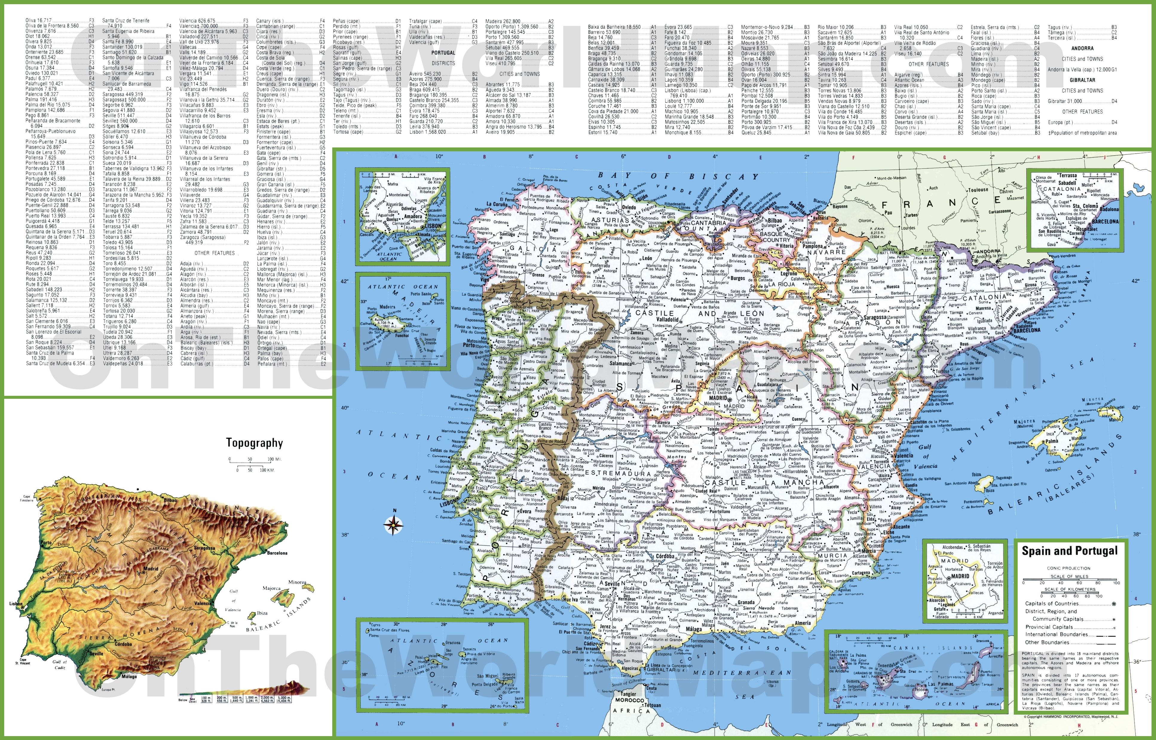 Large detailed map of Spain and Portugal with cities and towns Map of
