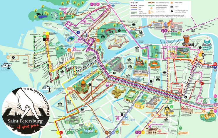 Saint Petersburg tourist attractions and transport map