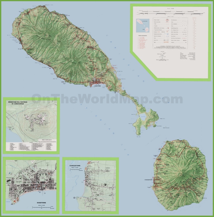 Large detailed topographic map of Saint Kitts and Nevis