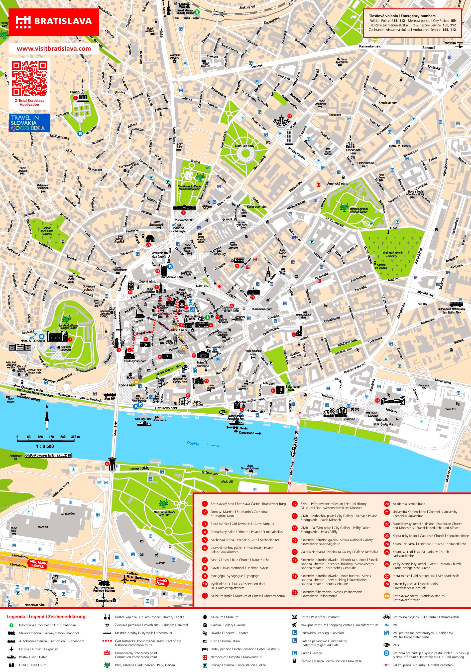 Stadtplan von Bratislava mit Sehenswürdigkeiten von ontheworldmap.com