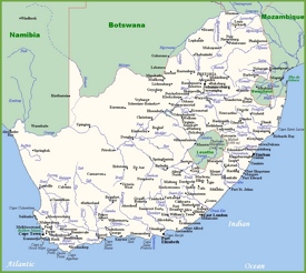 Map of South Africa with cities and towns