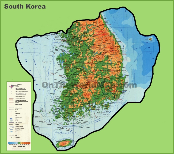 Large detailed physical map of South Korea