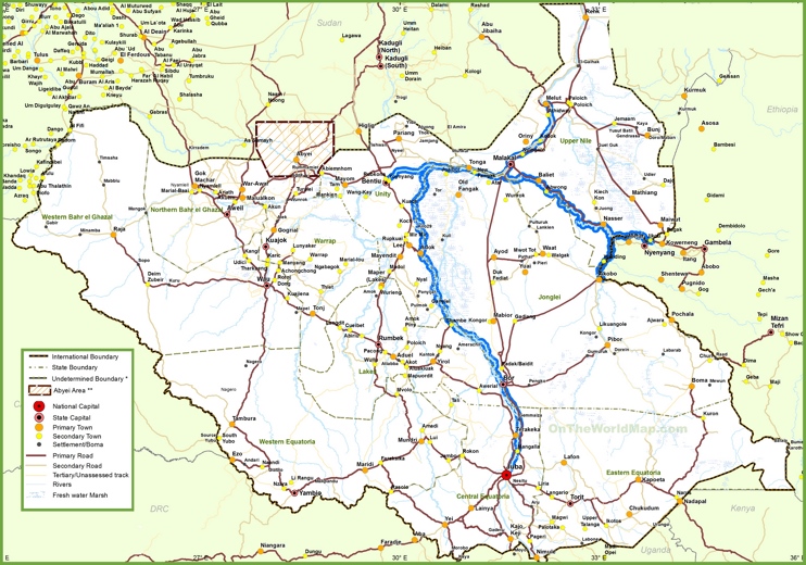 Large detailed map of South Sudan with cities and towns
