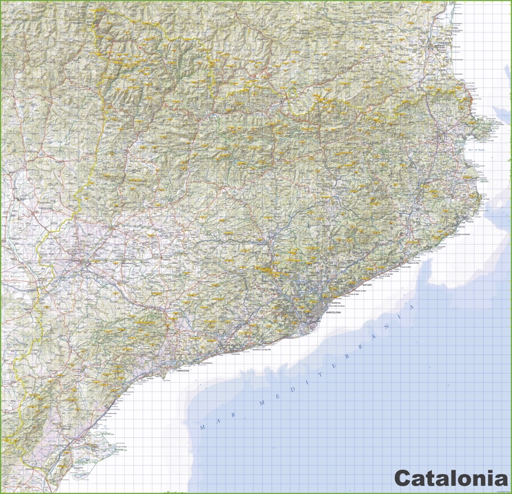 Large detailed map of Catalonia with cities and towns